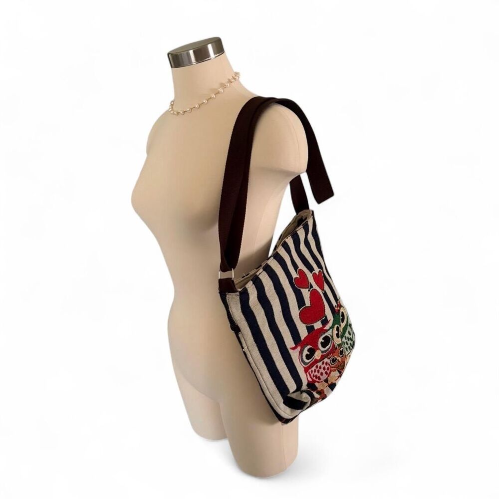 Owl Striped Canvas Crossbody Bag Blue White Whimsy Kawaii Heart Hearts Purse - Picture 4 of 8